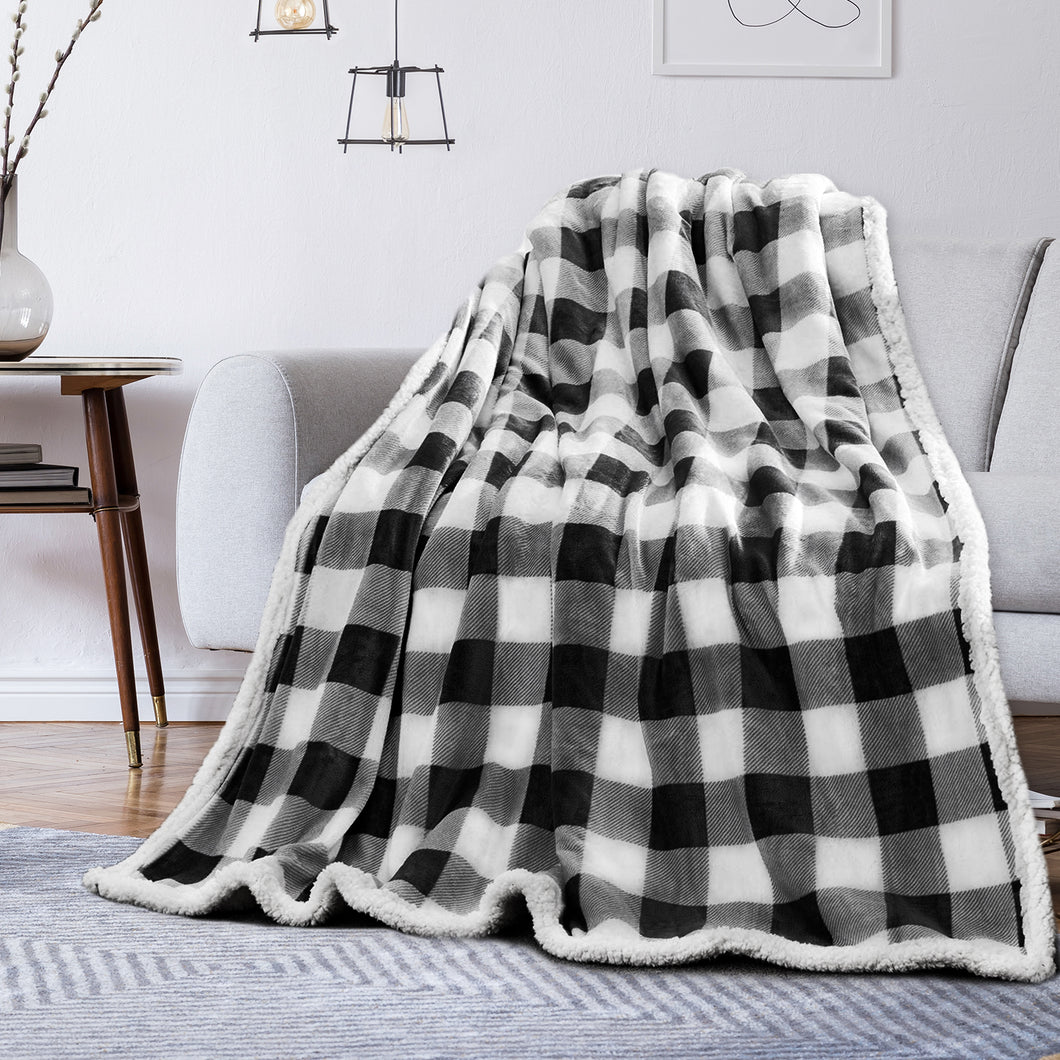 Sherpa Fleece Blanket for Couch Super Soft Warm Blanket with Plaid Design ( Black/White, 50 x 60 inch)