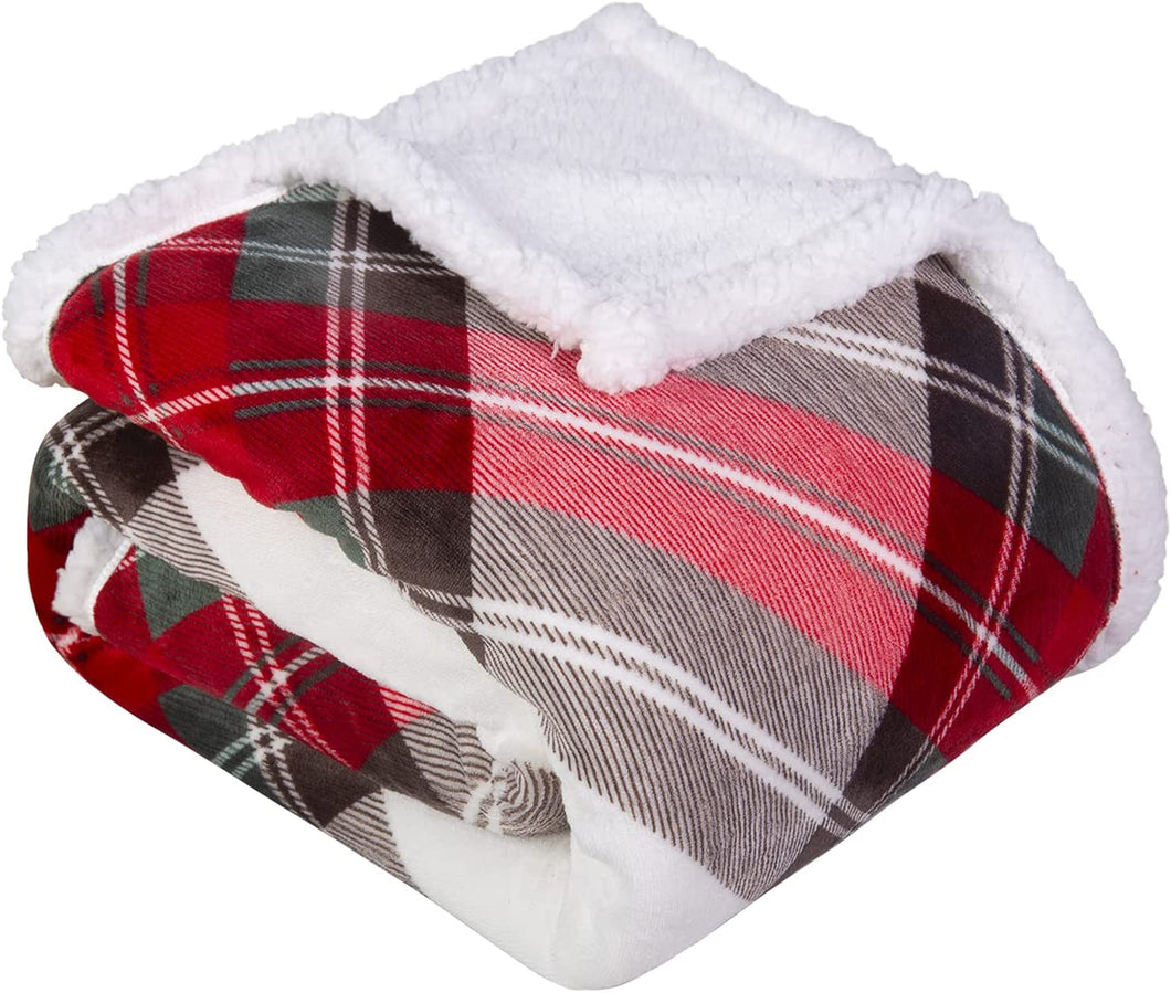 Sherpa Fleece Blanket with Plaid Design for Kids ( Red, 50 x 60 inch)