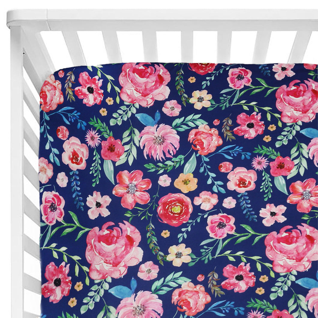 Elegant Floral Baby Toddler Bedding Set Toddler Mattress Up to 8”Thickness, Navy Floral